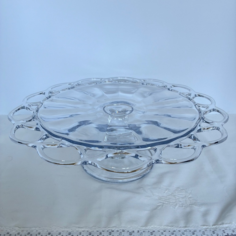 Vtg Crocheted Crystal Cake Stand/Pedestal Imperial Glass Laced Edge Tea Party